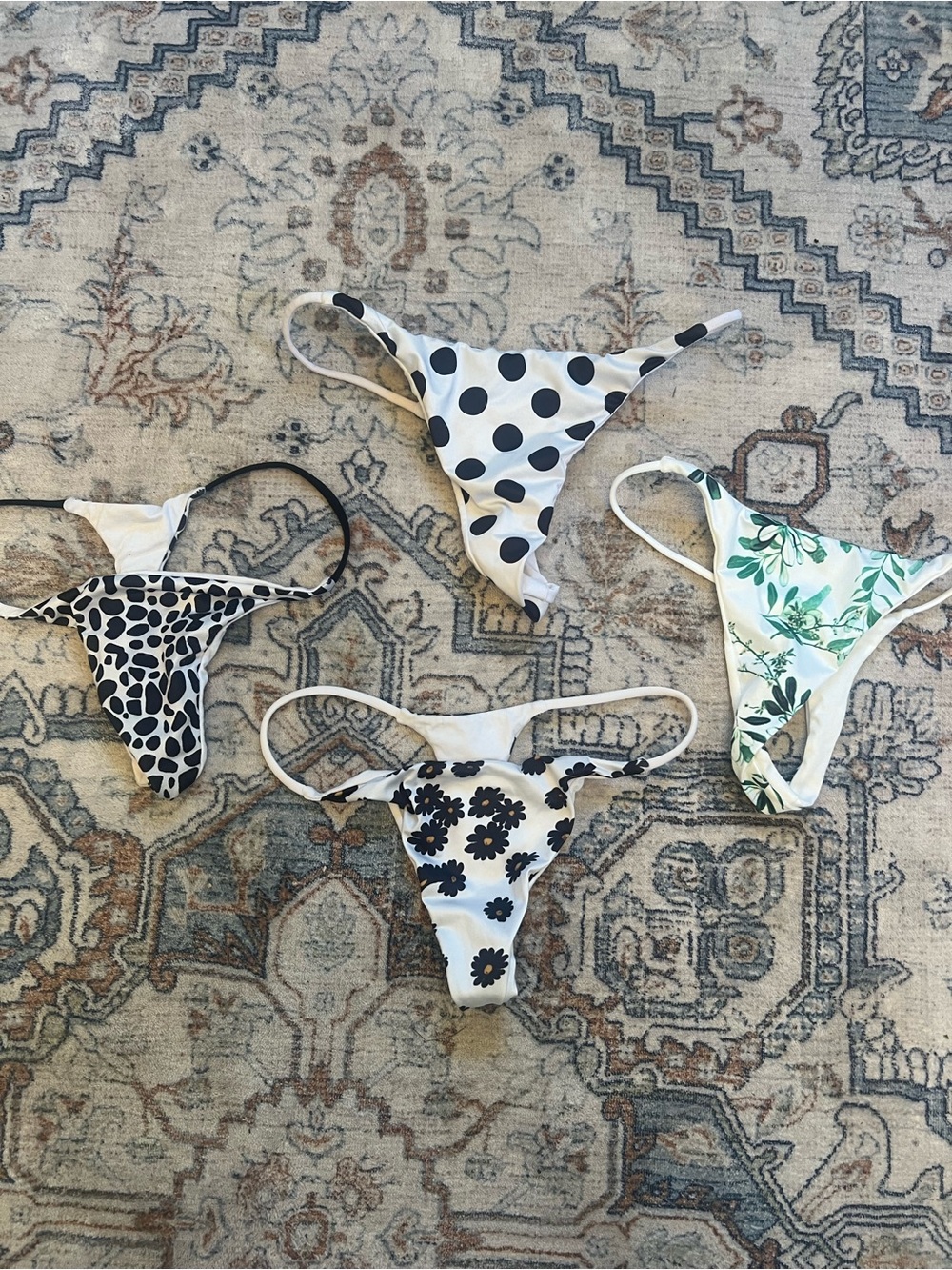 Women’s White Patterned Bikini Thong - Floral, Polka Dot & Leaf Prints